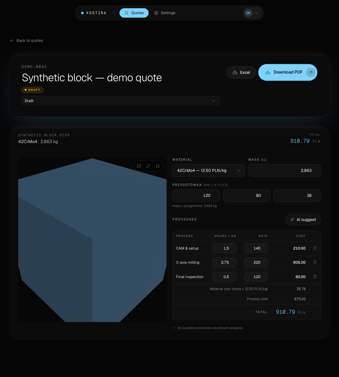 The real Kostira quote editor with a synthetic part, material, stock, processes and costs